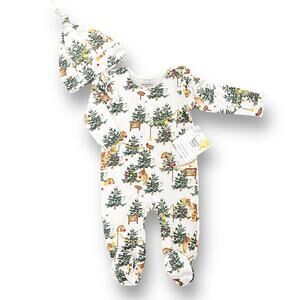 Burt's Bees Baby Mama Bear Christmas Jumpsuit & Knot Top Hat Girls Sz 3-6 Mos